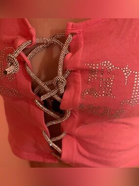 Women's Pink Rhinestone Lace-Up Crop Top